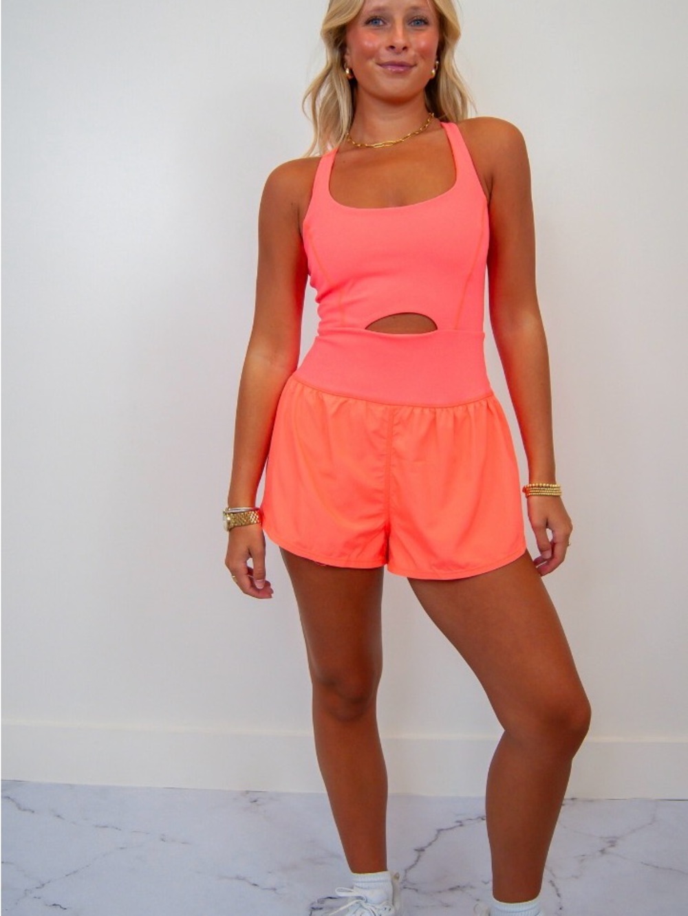 Free People Movement Neon Coral Righteous Runsie Bodysuit